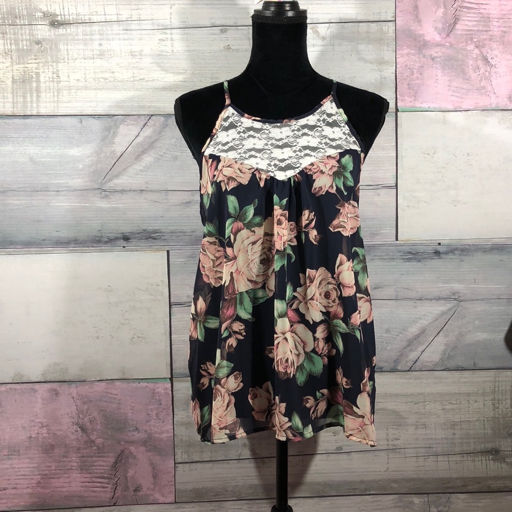 Papermoon Blk cami with roses print. Lace yoke. M